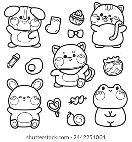 Coloring page.Painting book for kid.Cute icon and animals character design.Shiba inu,dog,cat,rabbit,frog hand drawn.Cartoon.School student.Nursery.Art.Kawaii.Vector.Illustration.