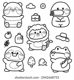 Coloring page.Painting book for kid.Cute icon and animals character design.Panda bear,lion,penguin,crocodile,flamingo hand drawn.Cartoon.School student.Nursery.Art.Kawaii.Vector.Illustration.