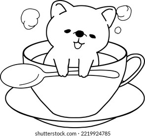 Coloring page.puppy dog in coffee cup.vector illustration
