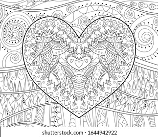 Coloring pages for adult with beautifull patterned heart for Valentine's Day