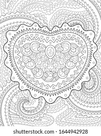 Coloring pages for adult with beautifull patterned heart for Valentine's Day