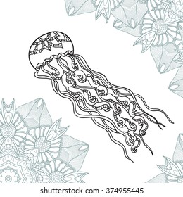 Coloring pages for adult. Hand drawn zentangle  jellyfish with ornament. Black and white vector illustrations.tattoo
