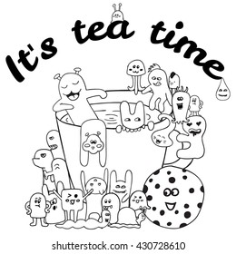 Coloring pages for adults coloring book. Black and white Hand drawn tea lettering it's tea time. monster background, illustrator line tools drawing,Vector illustration. Postcard, advertising, banner.