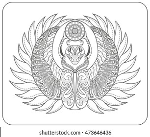 Coloring pages for adults and children. Black and white hand drawn zentangle a stylized scarab. Doodle vector. African, Egyptian totem. Sketch for relaxation, a poster, print or t-shirt