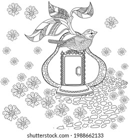 Coloring Pages for adults and children. Colouring pictures with birds and small house. Linear engraved art. Antistress freehand sketch drawing with doodle and zentangle elements.