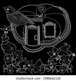 Coloring Pages for adults and children. Colouring pictures with birds and small house. Linear engraved art. Antistress freehand sketch drawing with doodle and zentangle elements.