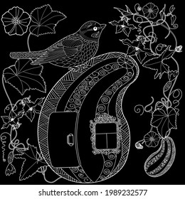 Coloring Pages for adults and children. Colouring pictures with birds and small house. Linear engraved art. Antistress freehand sketch drawing with doodle and zentangle elements.