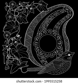 Coloring Pages for adults and children. Colouring pictures with birds and small house. Linear engraved art. Antistress freehand sketch drawing with doodle and zentangle elements.