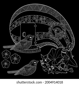 Coloring Pages for adults and children. Colouring pictures with birds and small house. Linear engraved art. Antistress freehand sketch drawing with doodle and zentangle elements.