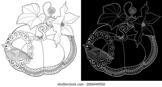 Coloring Pages for adults and children. Colouring pictures with birds and small house. Linear engraved art. Antistress freehand sketch drawing with doodle and zentangle elements.