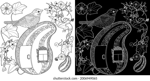 Coloring Pages for adults and children. Colouring pictures with birds and small house. Linear engraved art. Antistress freehand sketch drawing with doodle and zentangle elements.