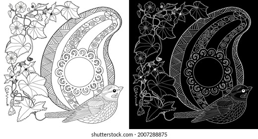 Coloring Pages for adults and children. Colouring pictures with birds and small house. Linear engraved art. Antistress freehand sketch drawing with doodle and zentangle elements.