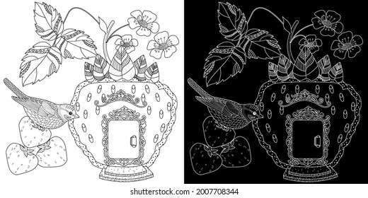 Coloring Pages for adults and children. Colouring pictures with birds and small house. Linear engraved art. Antistress freehand sketch drawing with doodle and zentangle elements.