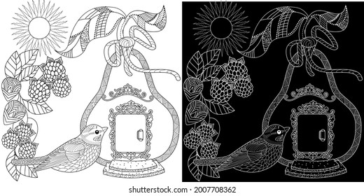 Coloring Pages for adults and children. Colouring pictures with birds and small house. Linear engraved art. Antistress freehand sketch drawing with doodle and zentangle elements.