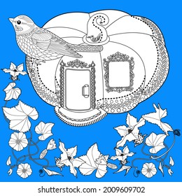 Coloring Pages for adults and children. Colouring pictures with birds and small house. Linear engraved art. Antistress freehand sketch drawing with doodle and zentangle elements.