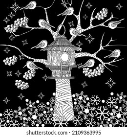 Coloring Pages for adults and children. Colouring pictures with birds and small house. Linear engraved art. Antistress freehand sketch drawing with doodle and zentangle elements.