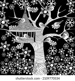 Coloring Pages for adults and children. Colouring pictures with birds and small house. Linear engraved art. Antistress freehand sketch drawing with doodle and zentangle elements.