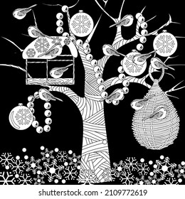 Coloring Pages for adults and children. Colouring pictures with birds and small house. Linear engraved art. Antistress freehand sketch drawing with doodle and zentangle elements.