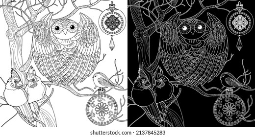 Coloring Pages for adults and children. Colouring pictures with birds and small house. Linear engraved art. Antistress freehand sketch drawing with doodle and zentangle elements.