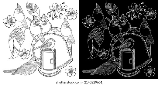 Coloring Pages for adults and children. Colouring pictures with birds and small house. Linear engraved art. Antistress freehand sketch drawing with doodle and zentangle elements.
