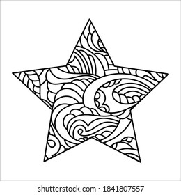 Coloring pages for adults and children. A hand-drawn five-pointed star with an ethnic abstract pattern. Doodle anti-stress for children and adults