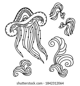 Coloring pages for adults and children. Hand-drawn vector jellyfish with ornaments, fish and waves. Black and white doodles.