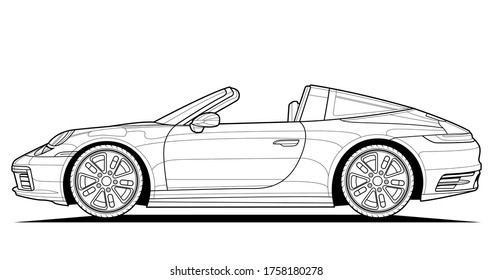 Coloring pages for adults drawing  Line art picture  Car cabriolet and outlines  Vector illustration vehicle  Graphic  Wheel   tires  Black contour sketch illustrate Isolated white background 