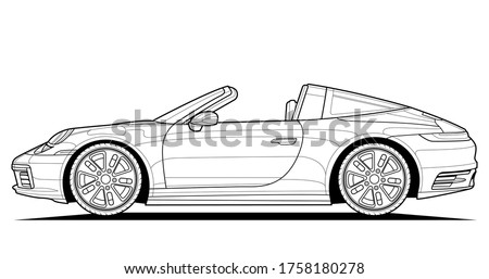 Coloring pages for adults drawing. Line art picture. Car cabriolet with outlines. Vector illustration vehicle. Graphic. Wheel and tires. Black contour sketch illustrate Isolated on white background.
