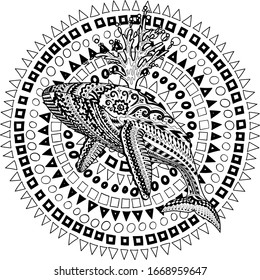 Coloring pages for adults with humpback whale for anti-stress coloring book with high details, isolated on pattern background, illustration in zentangle style. Vector