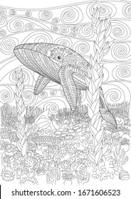 Coloring pages for adults with humpback whale for anti-stress coloring book with high details, isolated on pattern background, illustration in zentangle style. Vector