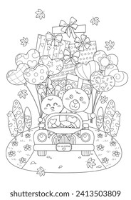 Coloring pages for adults for relaxation and mindfulness practice. Valentine's day coloring page for adult, teenager, and kids. Cute bear and rabbit driving a car with balloons and gift boxes.
