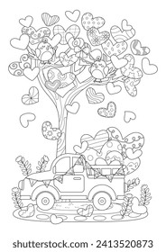 Páginas de colores para adultos para la relajación y la práctica de la atención. Página de Colores del Día de San Valentín para adultos, adolescentes y niños. Árbol lindo con aves amorosas y camión de autos lleno de encantadores corazones. 