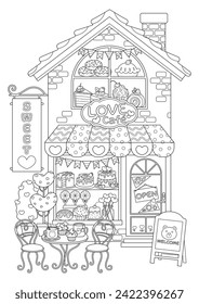 Coloring pages for adults for relaxation and mindfulness practice. Valentine's day coloring page for adult, teenager, and kids. Valentine sweet shop coloring book.