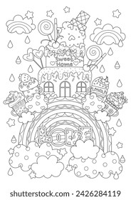 Coloring pages for adults for relaxation and mindfulness practice. Valentine's day coloring page for adult, teenager, and kids. Valentine sweet home coloring book. House on rainbow. 