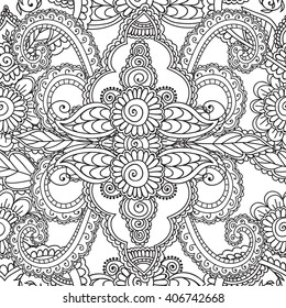 Coloring pages for adults. Seamless pattern.Henna Mehndi Doodles,zentangle abstract Floral Paisley Design Elements, Mandala,Vector Illustration,Arabic, Indian, turkish, pakistan,chinese,ottoman motifs