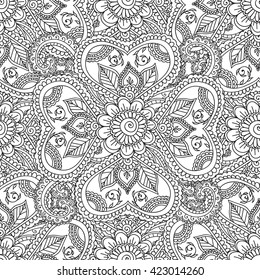 Coloring pages for adults. Seamless pattern.Henna Mehndi Doodles Abstract Floral Paisley Design Elements, Mandala,Vector Illustration. Coloring book. Coloring pages for adults.