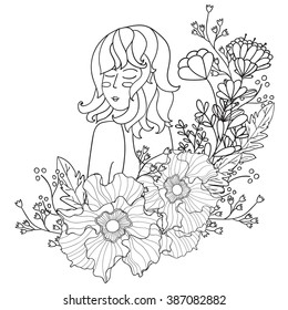 Coloring pages for adults. Vector Illustration Black and White Woman,girl with flowers. coloring pages for adults. Coloring book.Card,print.zentangle, doodle style.vector pattern with girl and flowers