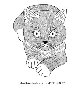 Coloring pages for adults.Hand drawn cat with stripes and spots, scribbles. zentangle