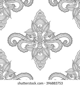 Coloring pages for adults.Seamless pattern.Henna Mehendi Doodles Abstract Floral Paisley Design Elements,Mandala,Vector Illustration.Coloring book.Coloring pages for adults.