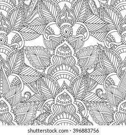 Coloring pages for adults.Seamless pattern.Henna Mehendi Doodles Abstract Floral Paisley Design Elements,Mandala,Vector Illustration.Coloring book.Coloring pages for adults.