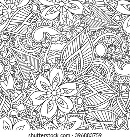 Coloring pages for adults.Seamless pattern.Henna Mehendi Doodles Abstract Floral Design Elements,Mandala,Vector Illustration.Coloring book.Coloring pages for adults.