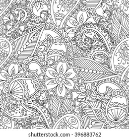 Coloring pages for adults.Seamless pattern.Henna Mehendi Doodles Abstract Floral Paisley Design Elements,Mandala,Vector Illustration.Coloring book.Coloring pages for adults.