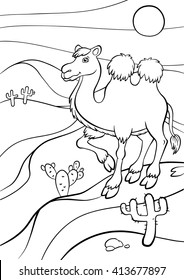 Coloring pages. Animals. Cute camel stands in the desert and smiles.
