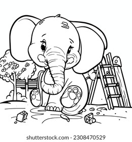 Coloring pages. Animals. Cute elephant stands in the forest and smiles. Coloring book page.