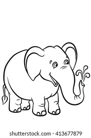 Coloring pages. Animals. Cute elephant stands ans smiles.