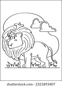 Coloring pages. Animals. Cute lion stands and smiles. illustration of Cartoon lion - Coloring book. Coloring page of cute little lion for preschool kids activity educational worksheet. Vector artwork.