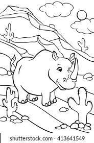 Coloring pages. Animals. Cute rhinoceros stands and smiles.