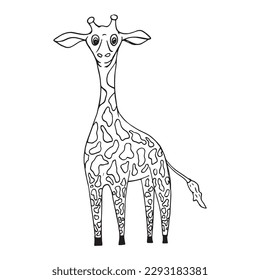 Coloring pages. Animals. Little cute giraffe stands and smiles.