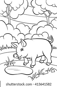 Coloring pages. Animals. Little cute pig stands and smiles.