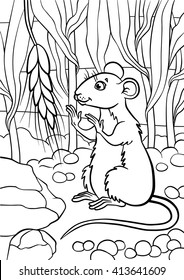 Coloring pages. Animals. Little cute mouse looks at the piece of wheat.